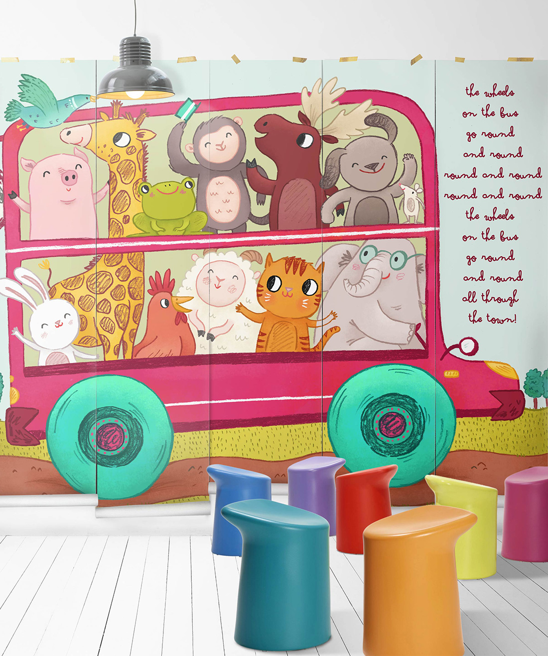 Wheels on the Bus Wall is an illustrated kids Mural