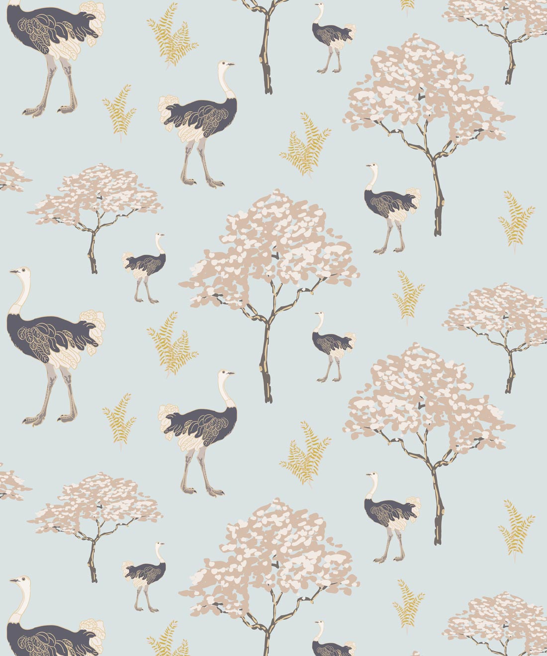 Savanna Ostrich in Brisk Blue is an exotic bird wallpaper