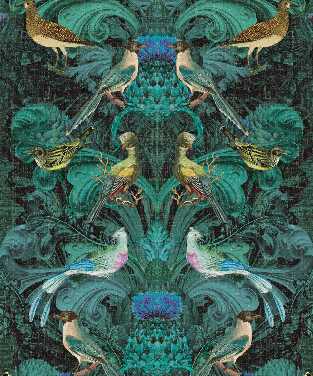 Birdlife in Blue a modern baroque wallpaper