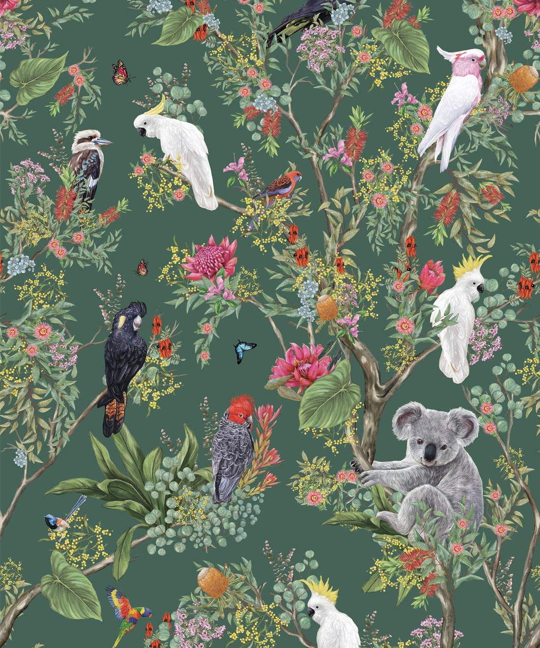 Australia Wallpaper • Cockatoos, Koalas, Parrots, Finches • Milton & King USA • Green Wallpaper Swatch