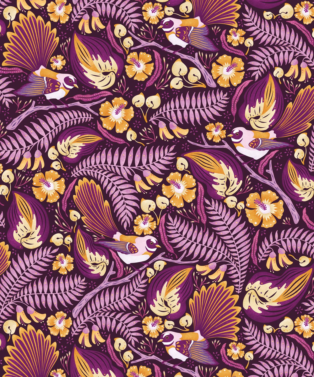 Faintails Wallpaper • New Zealand • Bird Wallpaper • Kowhai Tree • Kowhai Flowers • Purple Wallpaper •Swatch