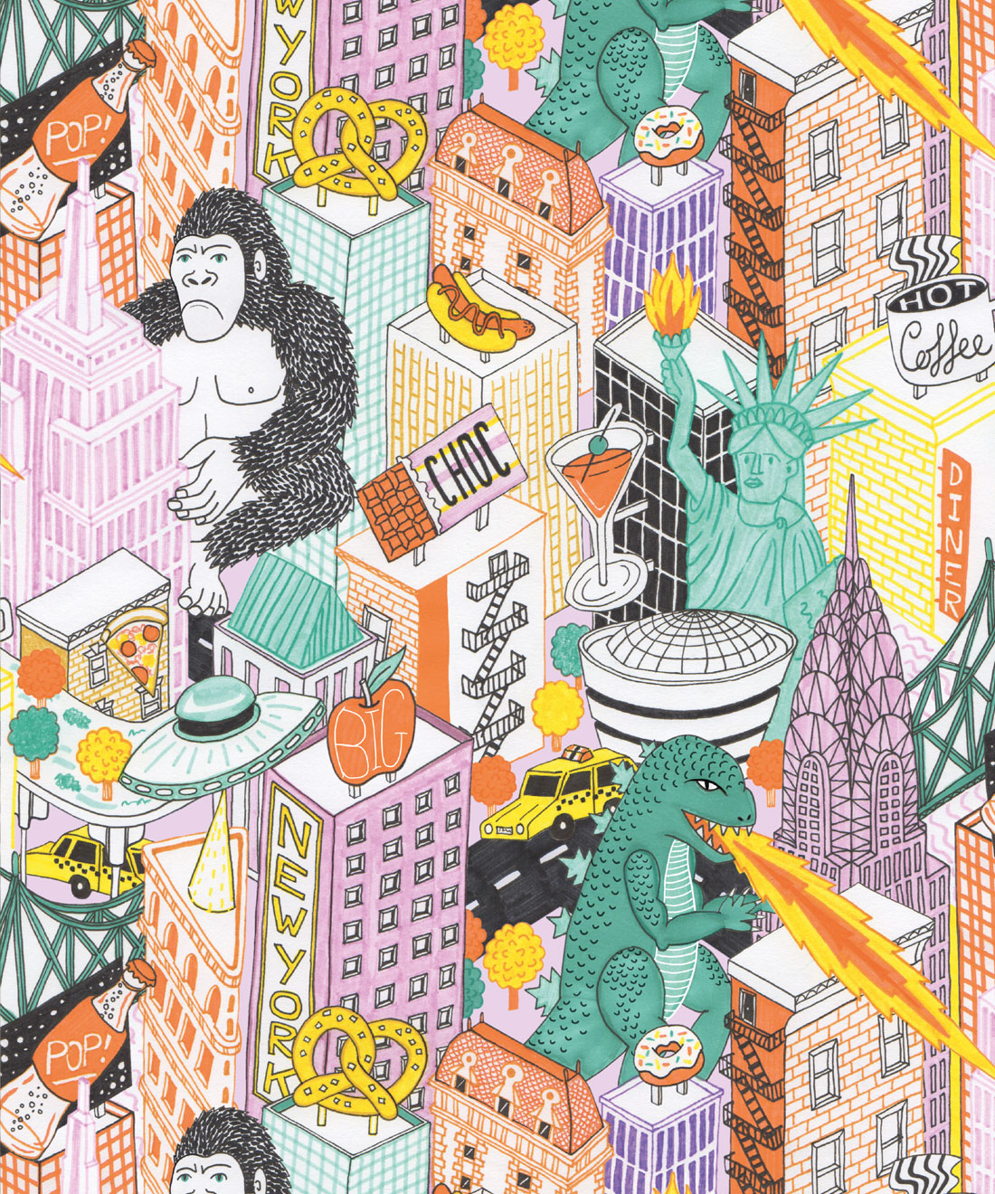 New York City Wallpaper by Jacqueline Colley featuring Godzilla, King Kong, a UFO, buildings and the statue of liberty swatch