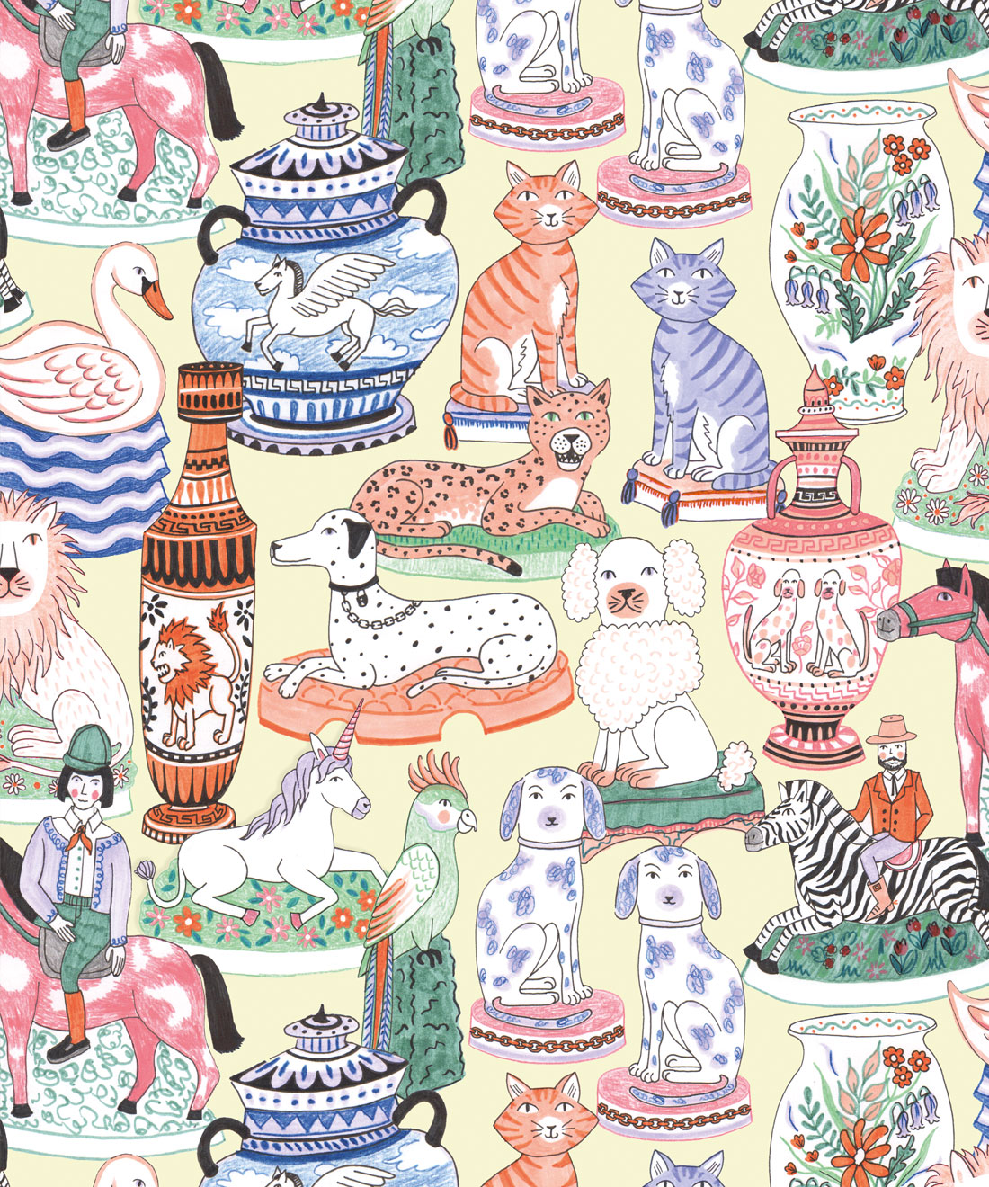 Ceramics Wallpaper featuring vases of dogs, cats, zebras, lions, parrots and unicorns • Yellow • swatch