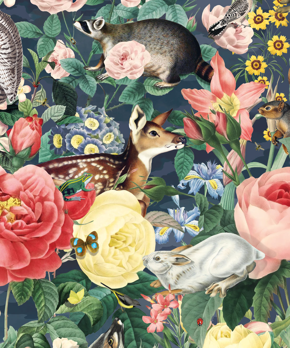 Bush Bouquet Spring Wallpaper • maximalist nature • Nightfall Colored Wallpaper • Assorted Color and Multi-color wallpaper • Floral Wallpaper • Wallpaper With Forest Animals • Swatch
