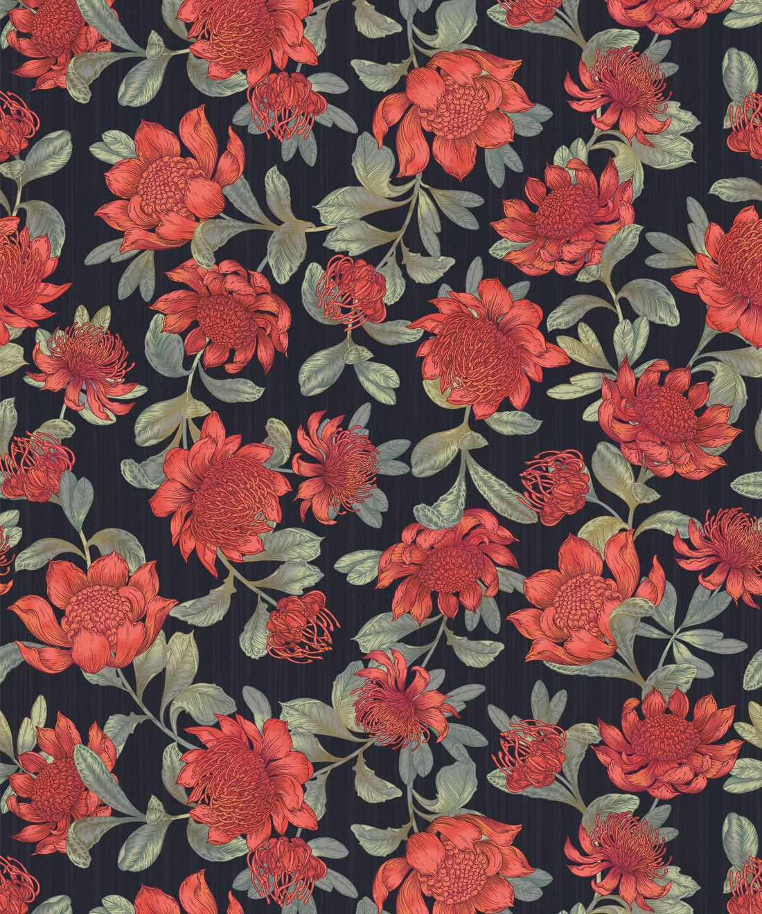 Waratah Wallpaper • Red Flowers • Eloise Short • Vintage Floral Wallpaper • Granny Chic Wallpaper • Grandmillennial Style Wallpaper • Slate • Swatch