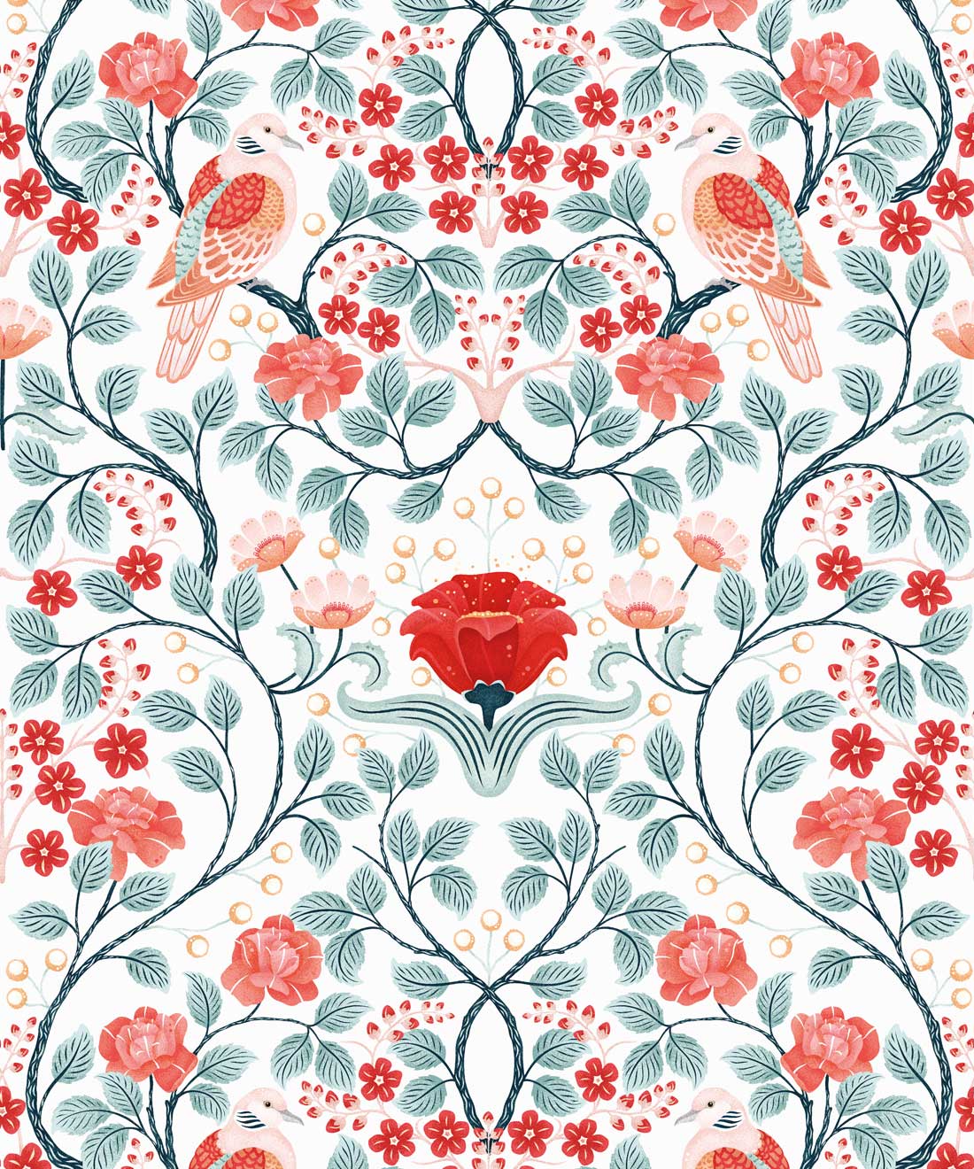 Turtle Doves Wallpaper • Bold Colorful Bird Wallpaper • Peppermint • Swatch