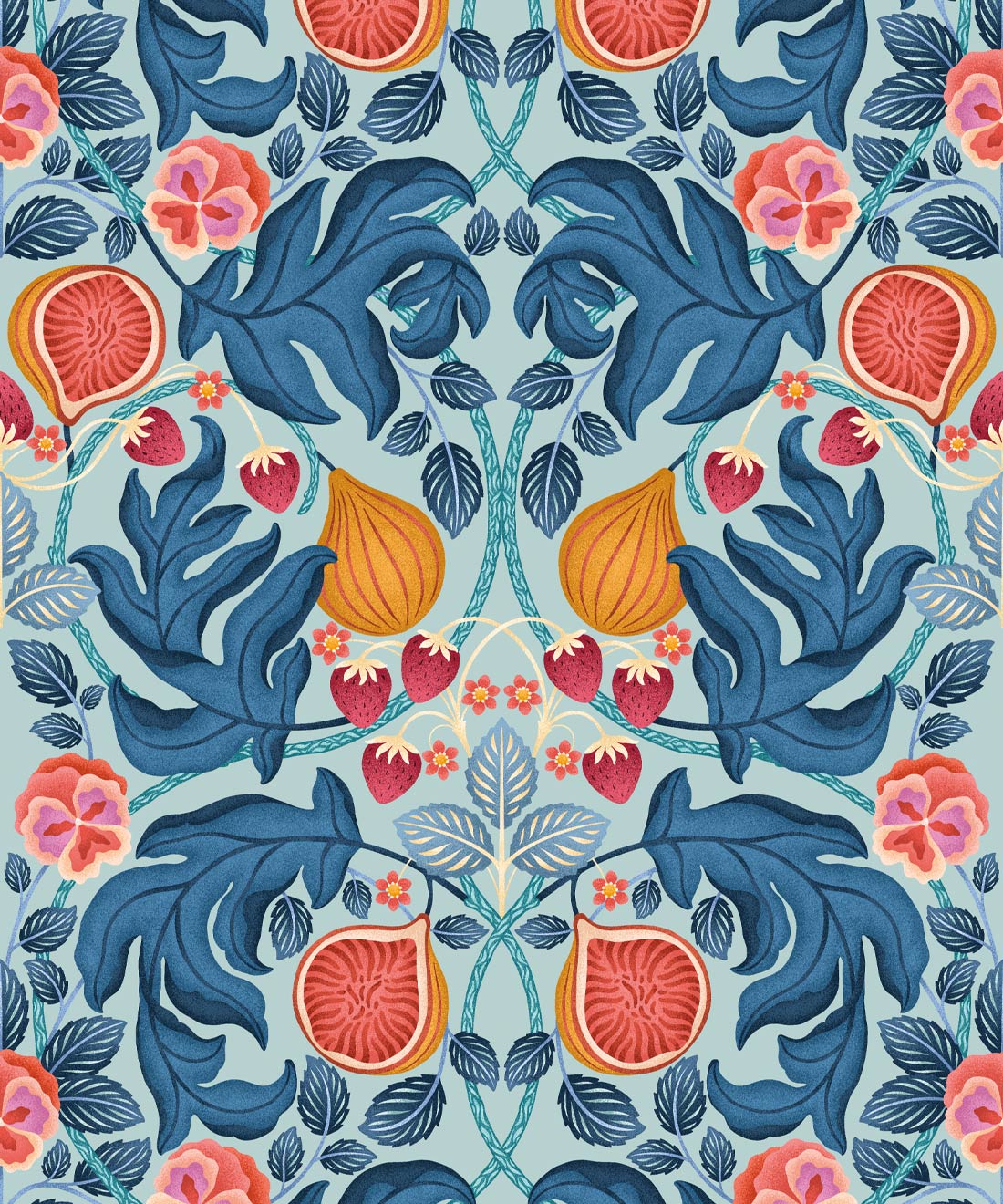 Figs & Strawberries Wallpaper • Botanical Fruit Wallpaper • Powder Blue & Ocre • Swatch