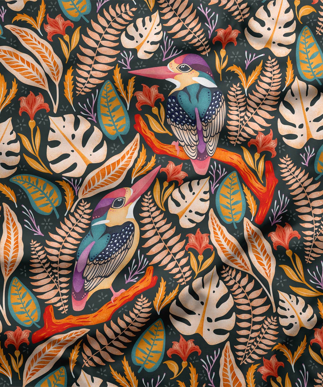 Exotic Kingfishers Fabric • Bird Fabric • Autumn • Swatch