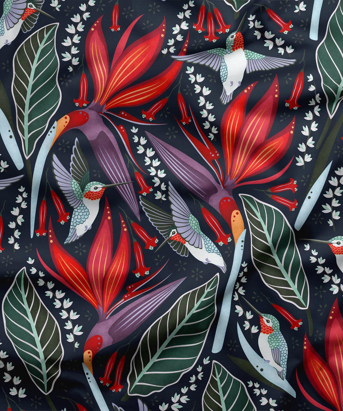 Hummingbirds Fabric • Bird Fabric • Black Cherry • Swatch