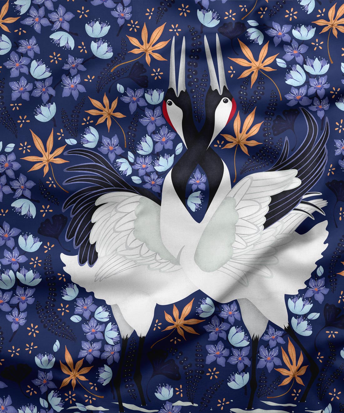 Japanese Cranes Fabric • Bird Fabric • Blue • Swatch