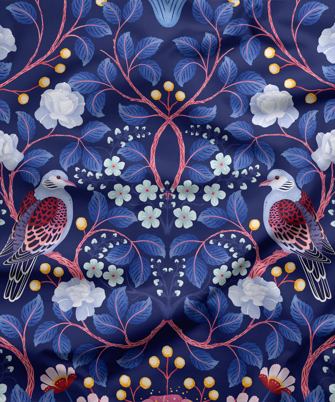 Turtle Doves Fabric • Bird Fabric • Blueberry • Swatch