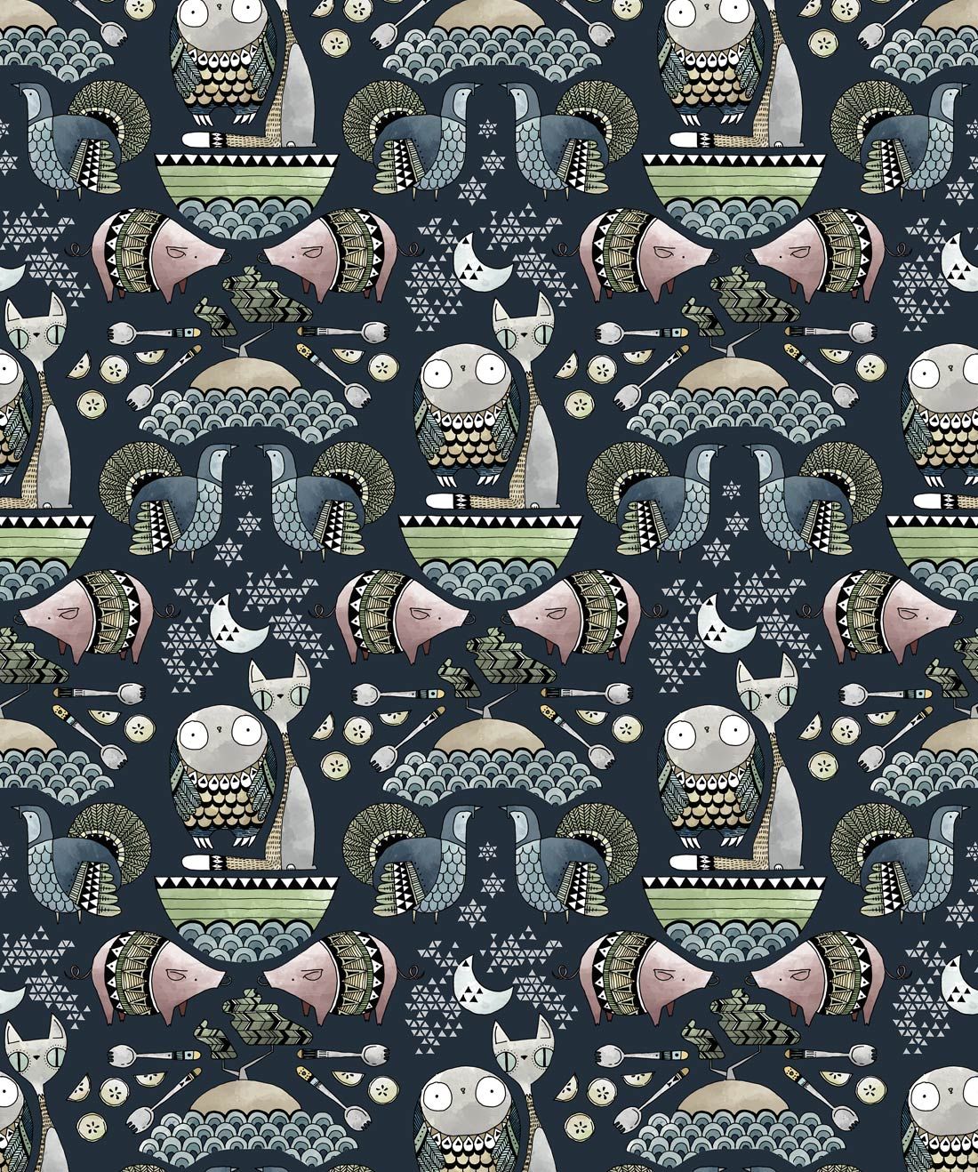 Owl and Pussycat is a folk animal wallpaper