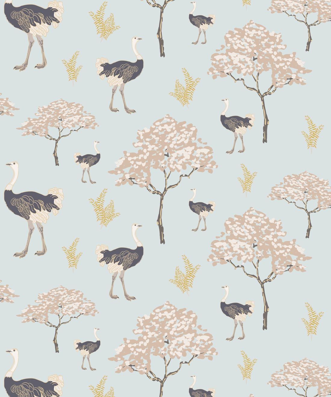Savanna Ostrich in Brisk Blue is an exotic bird wallpaper