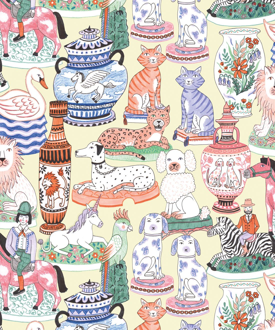Ceramics Wallpaper featuring vases of dogs, cats, zebras, lions, parrots and unicorns • Yellow • swatch