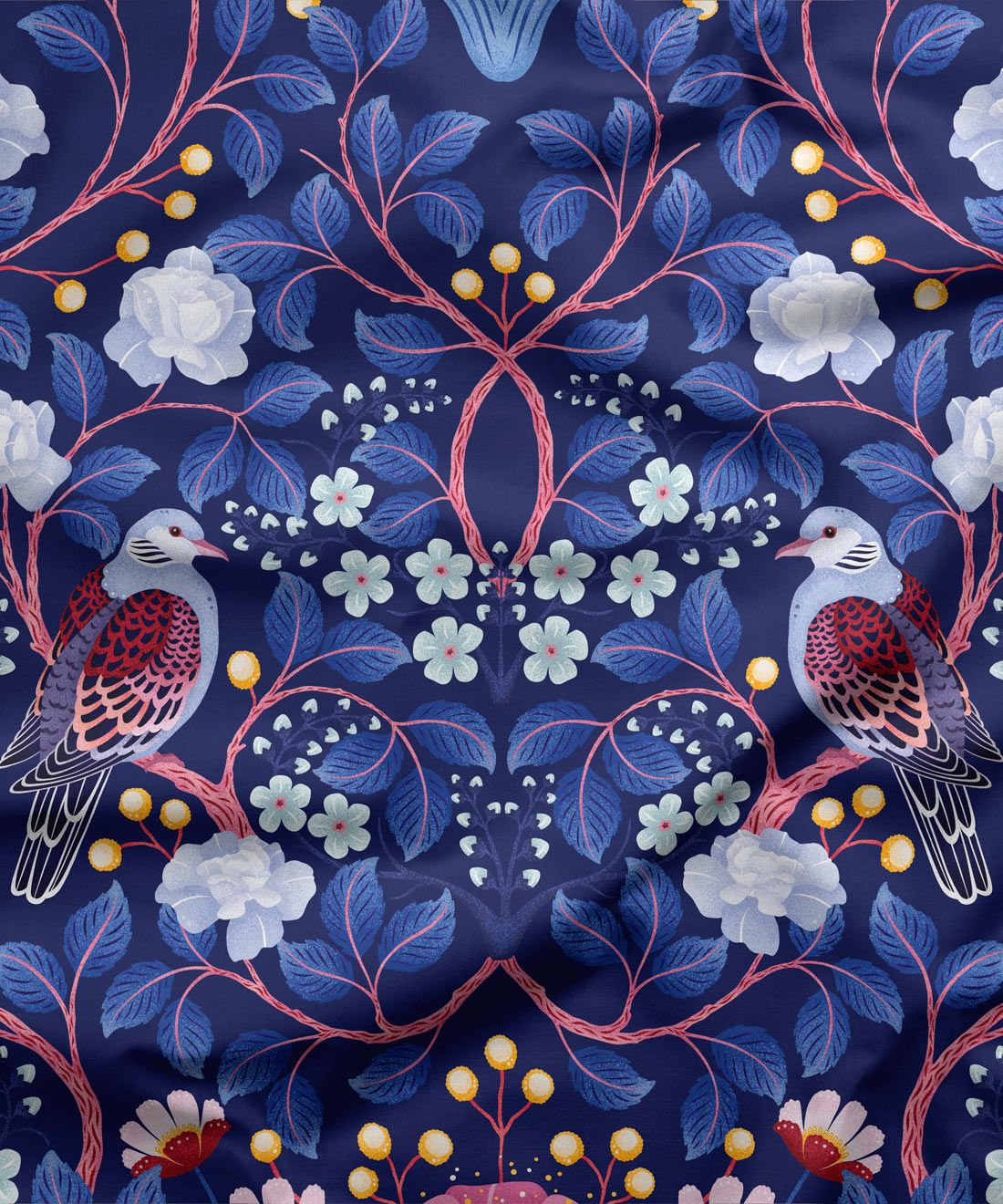 Turtle Doves Fabric • Bird Fabric • Blueberry • Swatch
